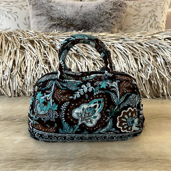 Vintage VERA BRADLEY Java Blue 2006 Small Bowler Bag Brown Floral Y2K Handbag - Picture 6 of 13